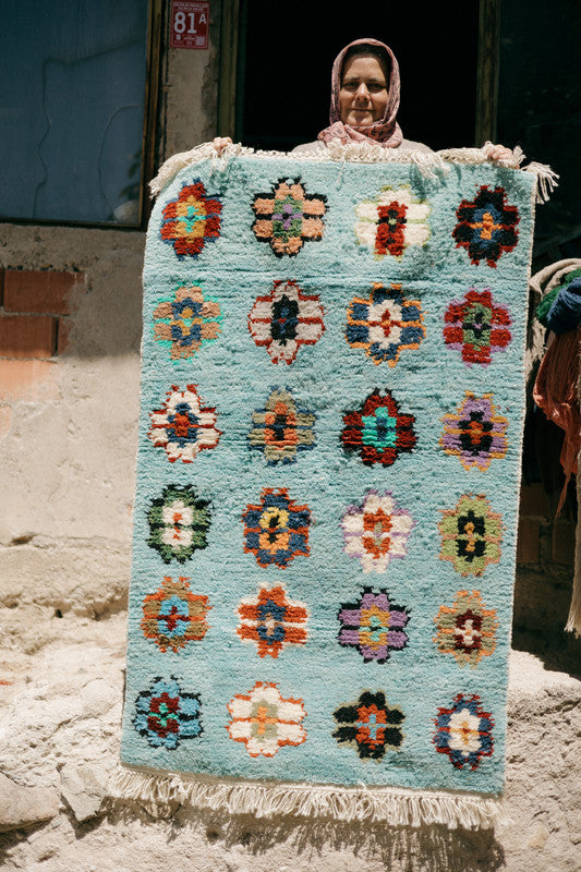 Blue Flowers Handmade Rug - Handwoven in Pure Wool