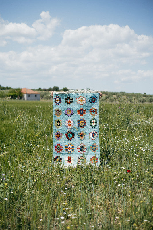 Blue Flowers Handmade Rug - Handwoven in Pure Wool