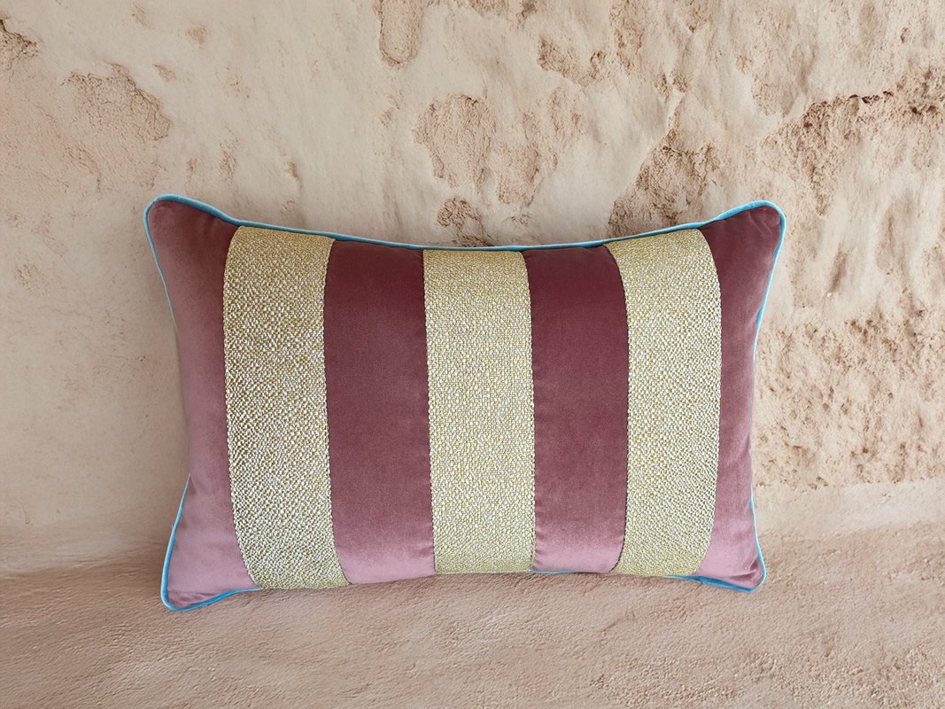 Rosae Decorative Cushion / Pink and Yellow Rose with Blue Trim