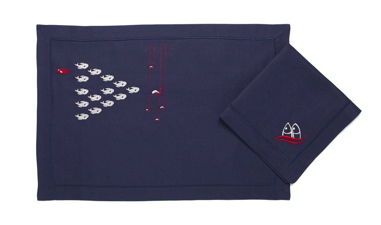 Mantel Individual "Pez Fugitivo" Azul Marino - Aventura Marina Bordada en Tradición Pesquera