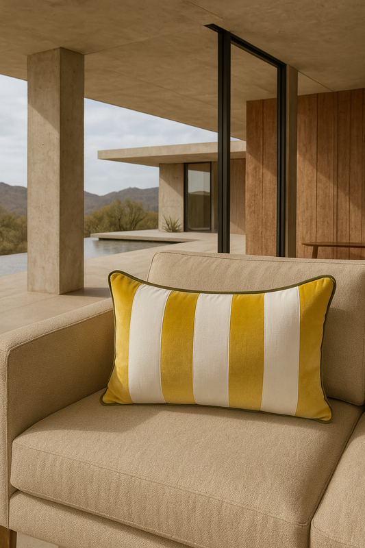 Olive Decorative Cushion / Yellow and White Stripes with Green Trim