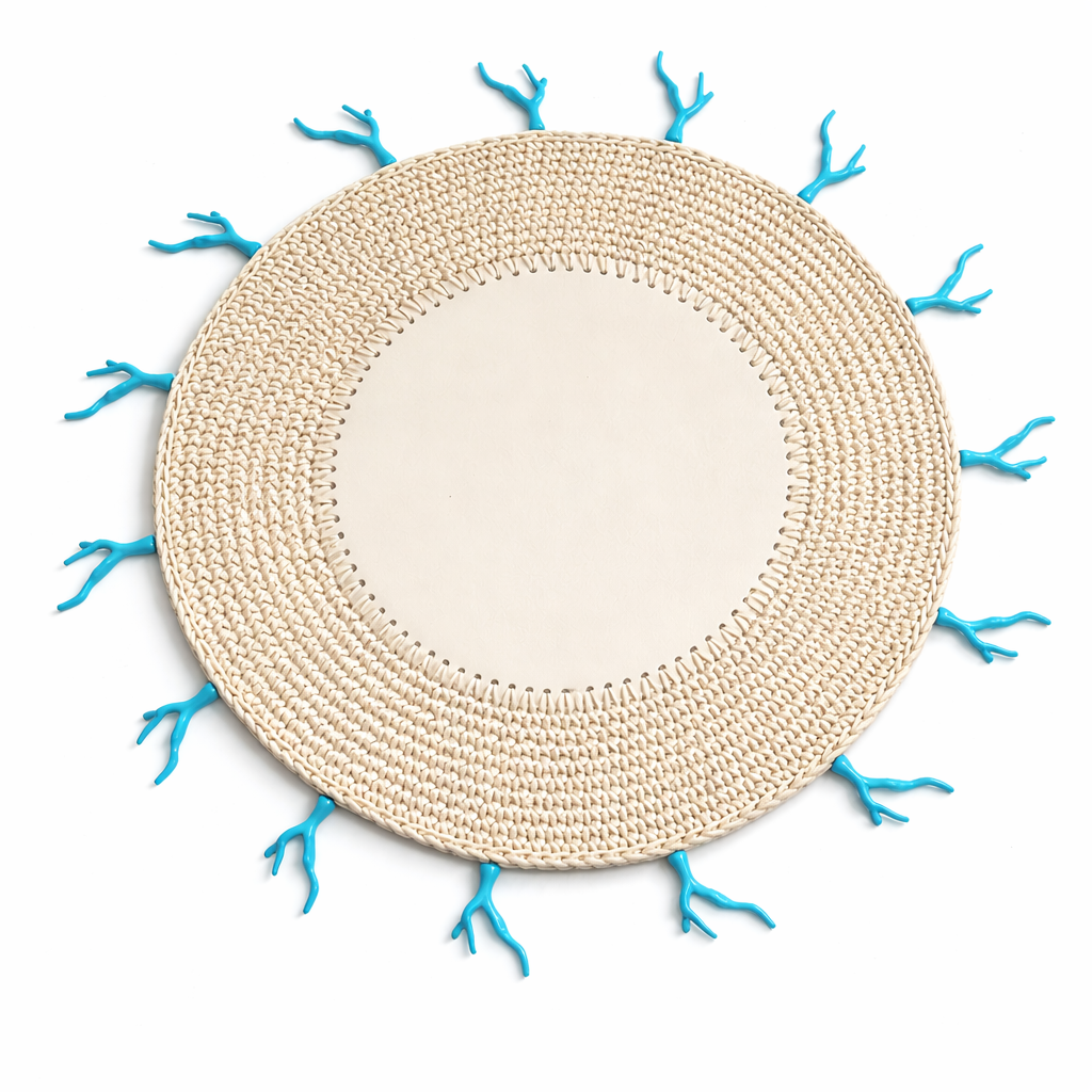 Mantel Individual  Redondo Tejido a Mano en Cuerda de Cuero Crema con detalle Coral Turquesa