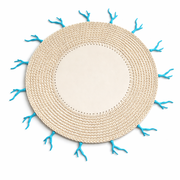 Mantel Individual  Redondo Tejido a Mano en Cuerda de Cuero Crema con detalle Coral Turquesa