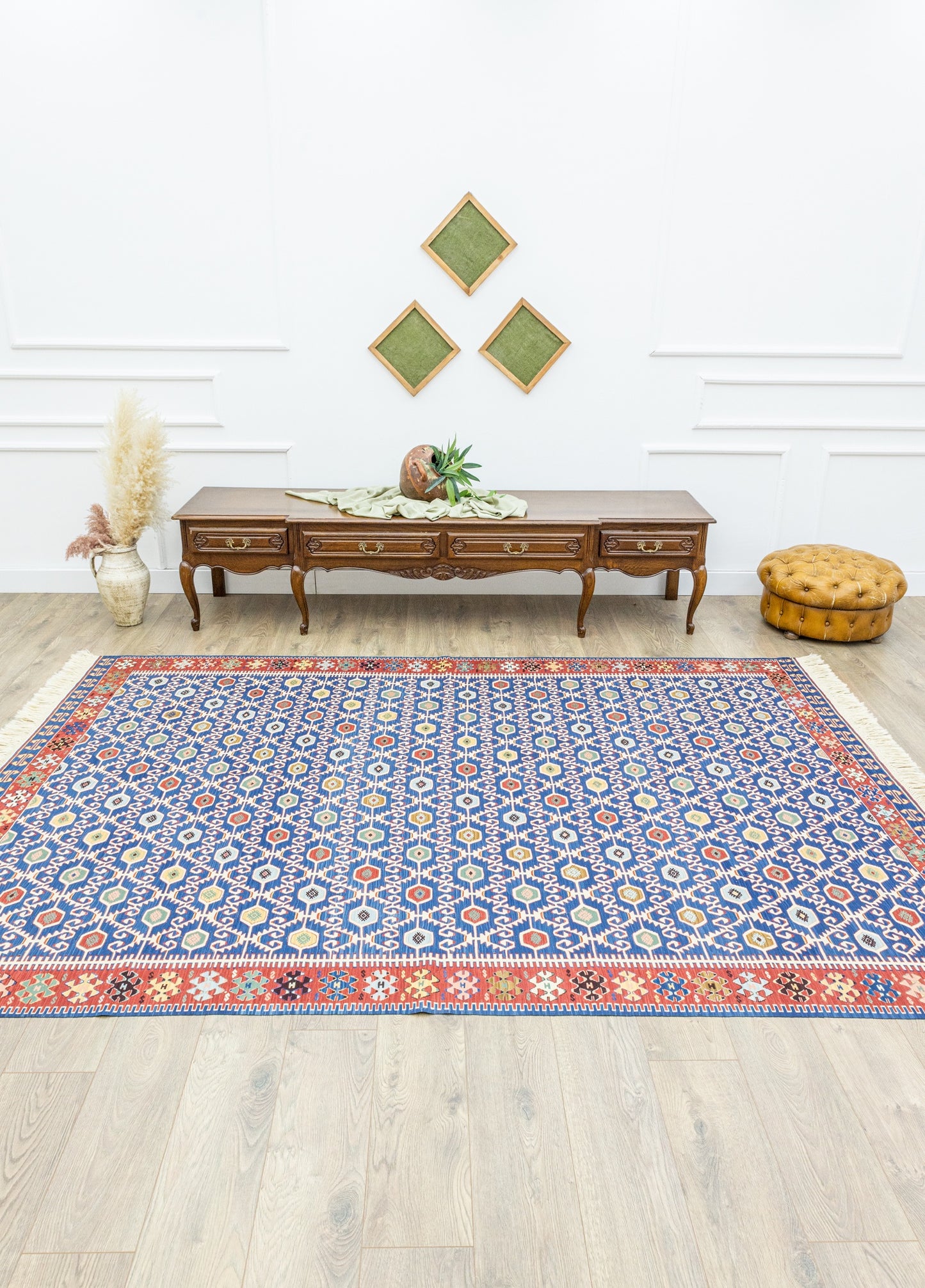 Koltan Geometric Patterned Blue Wool Kilim Artesanal Natural Wool 202x293cm – Origen Sostenible