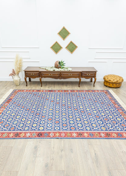 Koltan Geometric Patterned Blue Wool Kilim Artesanal Natural Wool 202x293cm – Origen Sostenible