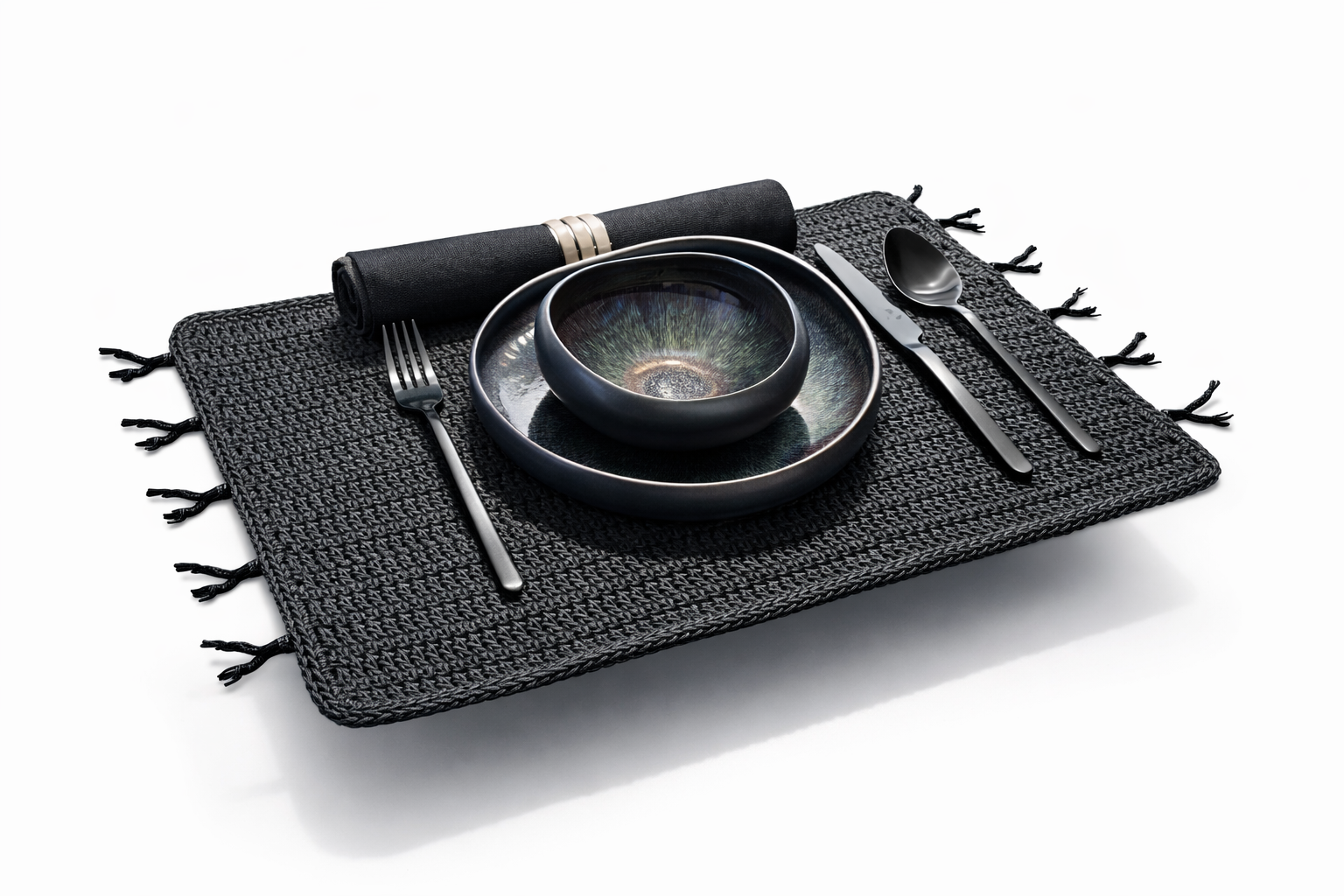 Mantel Individual Rectangular Tejido en Cuero con decoración en forma de Coral Negro