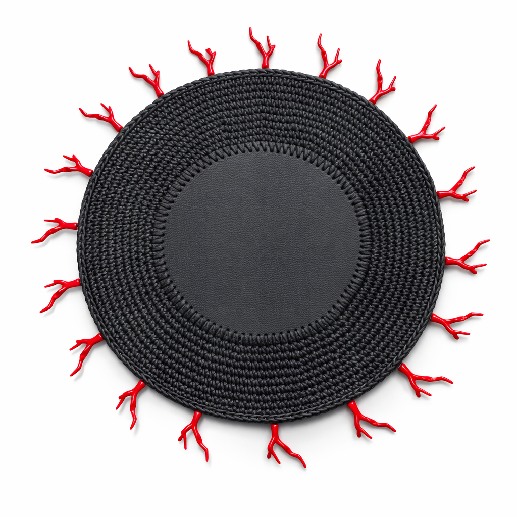 Mantel Individual Redondo Tejido a Mano en Cuero Sintético Negro con Detalle en forma de Coral Rojo