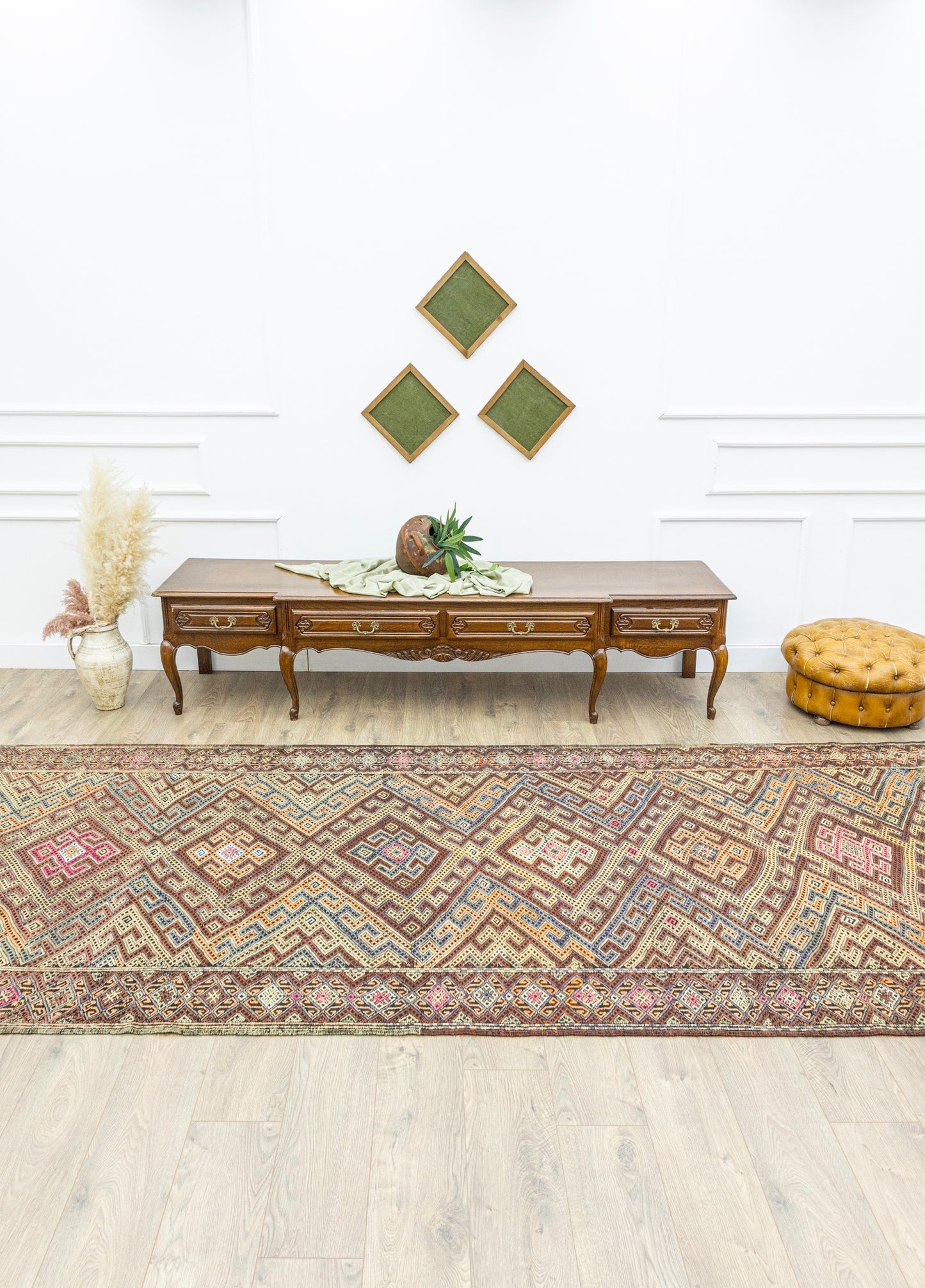 Hazra Geometric Design Cicim Kilim Artesanal Natural Wool 153x433cm – Origen Sostenible