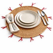 Set of 4 Hand-Woven Round Jute Placemats with Red Coral Detail