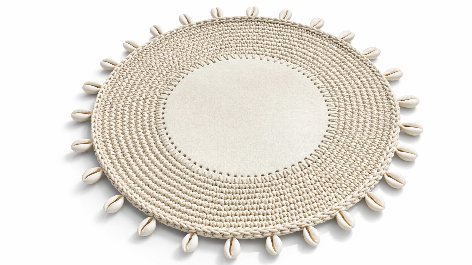 Mantel Individual  Redondo con Conchas Marinas Tejido a Mano - Crema