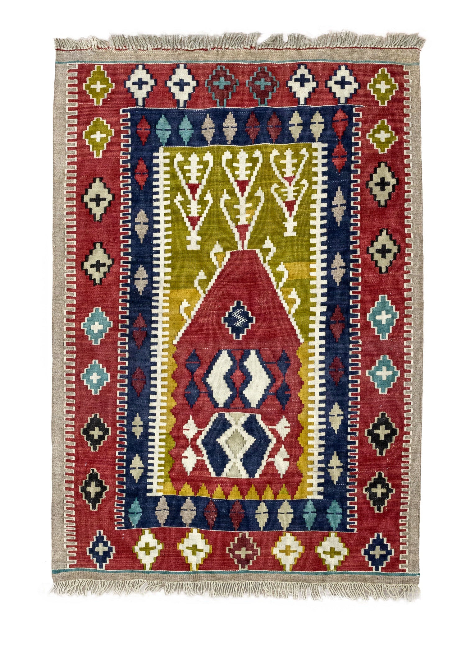 Pecenek Primitive Pattern Hand-Woven Wool Kilim Artesanal Natural Wool 106x154cm – Origen Sostenible