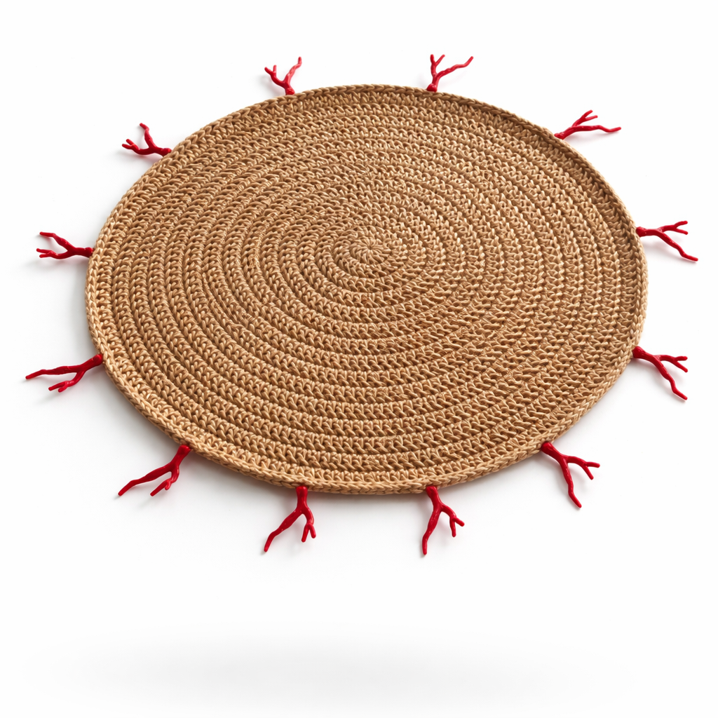 Mantel Individual Redondo Tejido a Mano en Yute con con decoración en forma de Coral Rojo