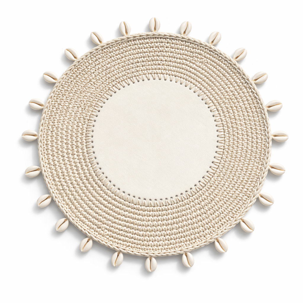 Mantel Individual  Redondo con Conchas Marinas Tejido a Mano - Crema