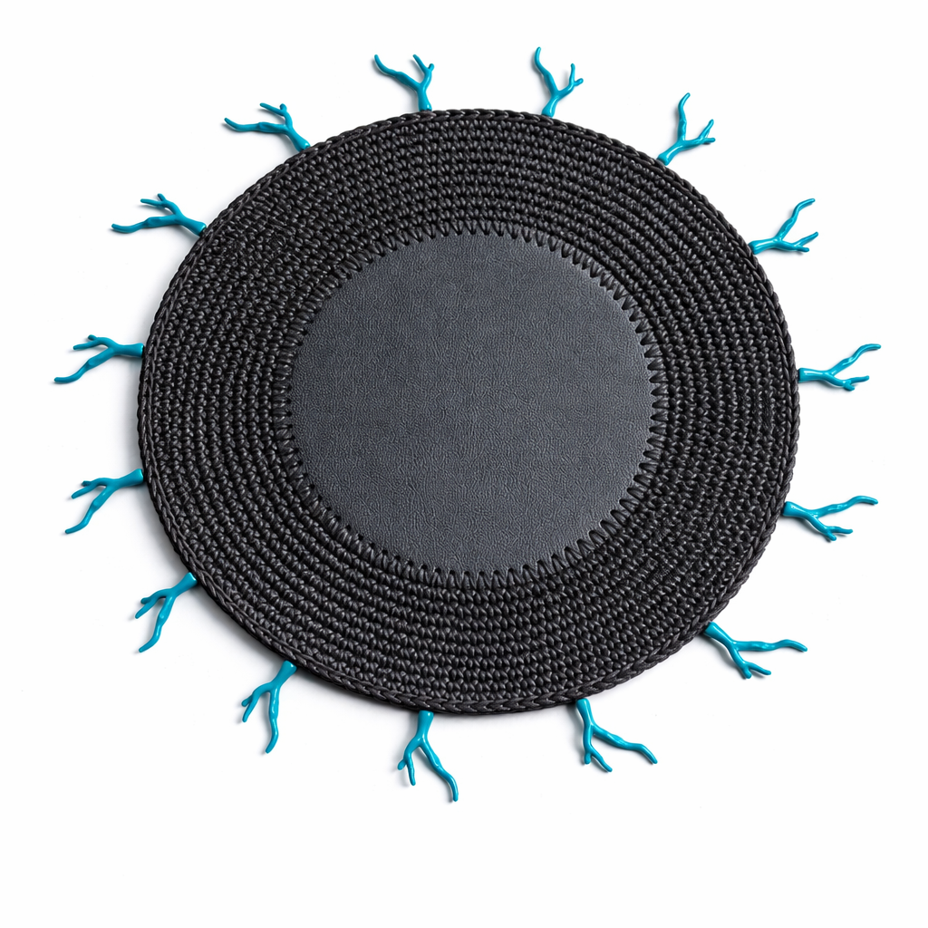 Mantel Individual  Redondo Tejido a Mano en Cuerda de Cuero Negro - Detalle Coral Turquesa