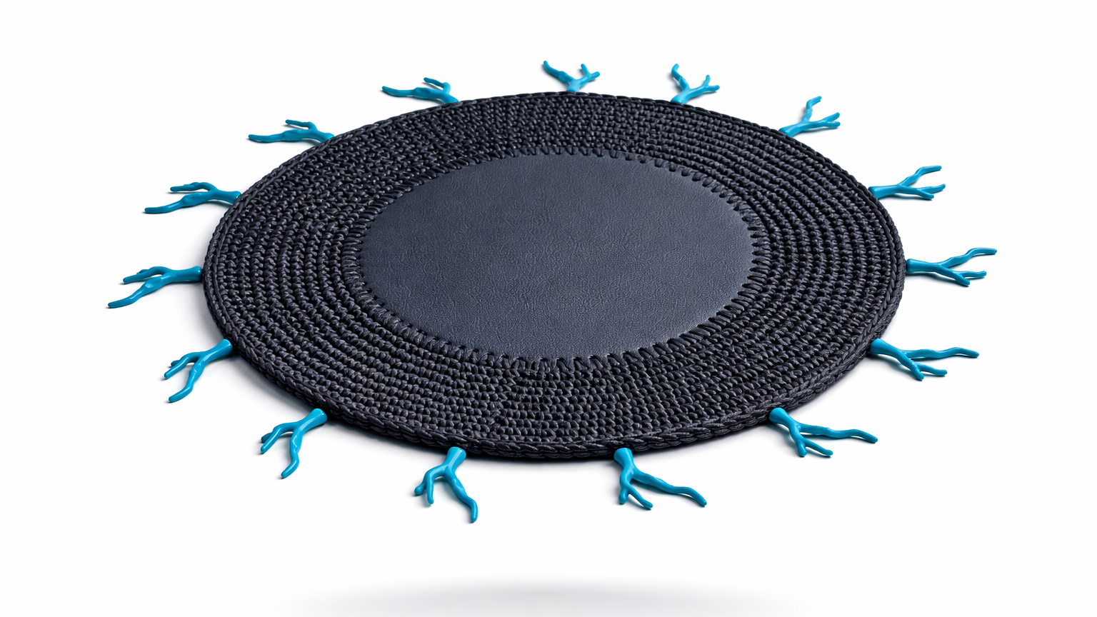 Mantel Individual  Redondo Tejido a Mano en Cuerda de Cuero Negro - Detalle Coral Turquesa