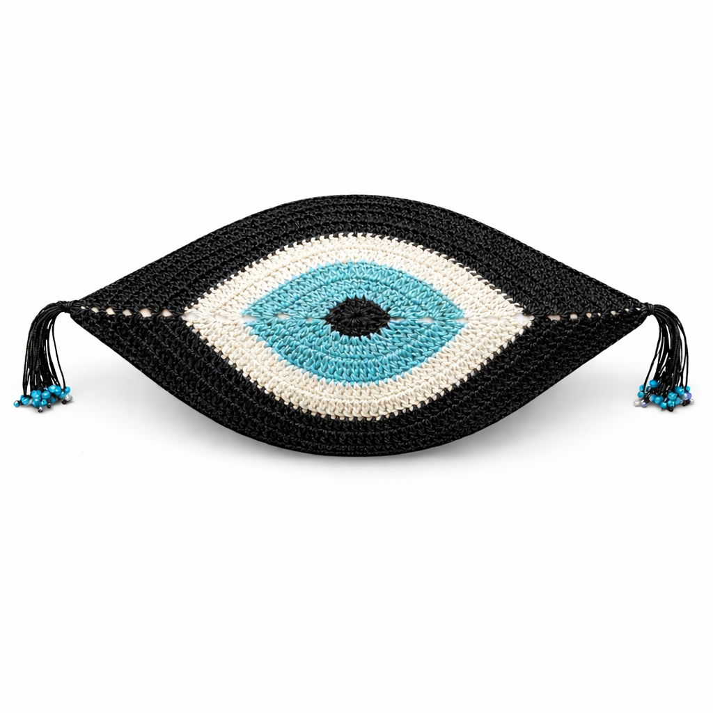 Funda de Cojín Decorativo Ojo de la Suerte - Tejido en Cuerda de Cuero en negro