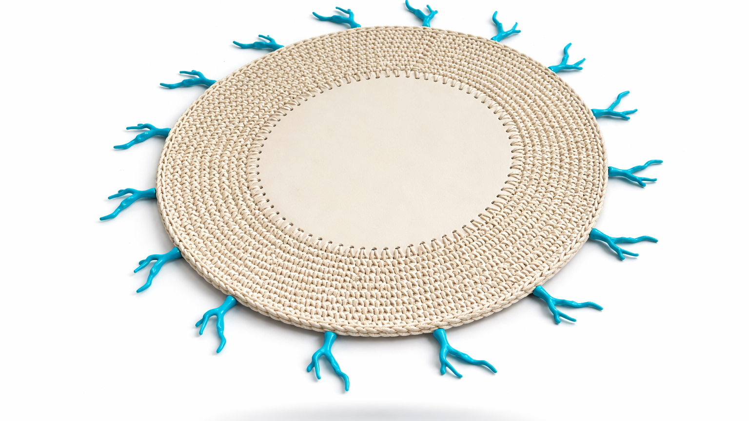 Mantel Individual  Redondo Tejido a Mano en Cuerda de Cuero Crema con detalle Coral Turquesa