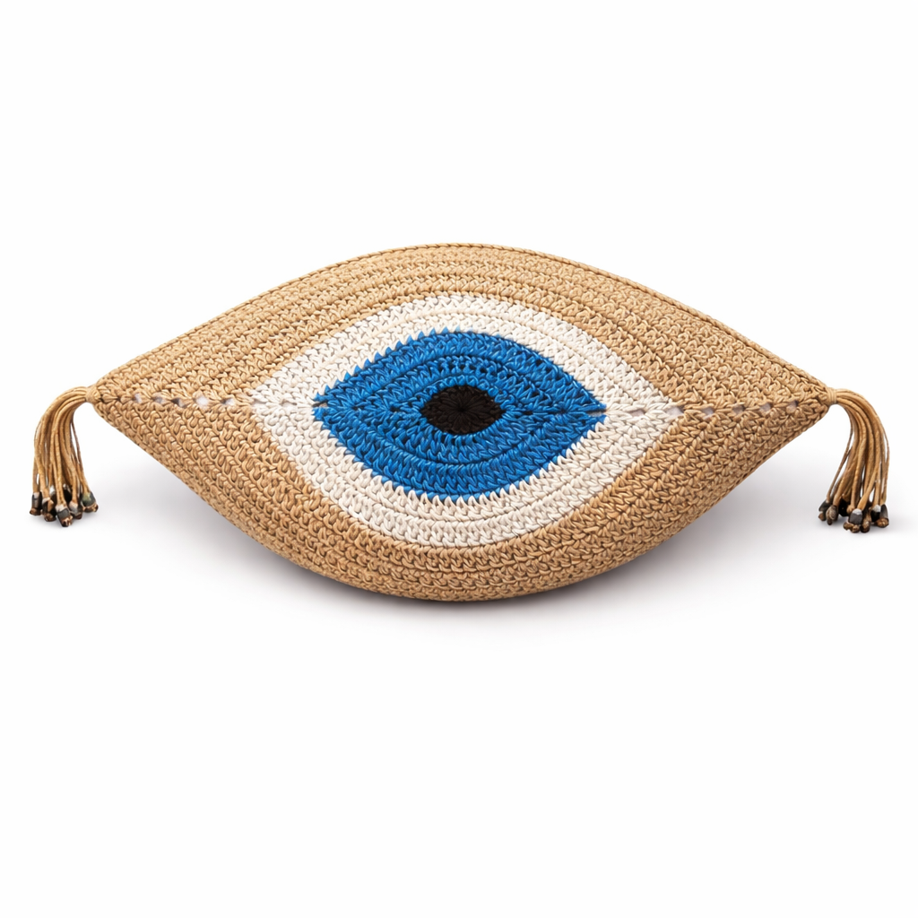 Funda de Cojín Decorativo Ojo de la Suerte - Tejido en Cuerda de Cuero