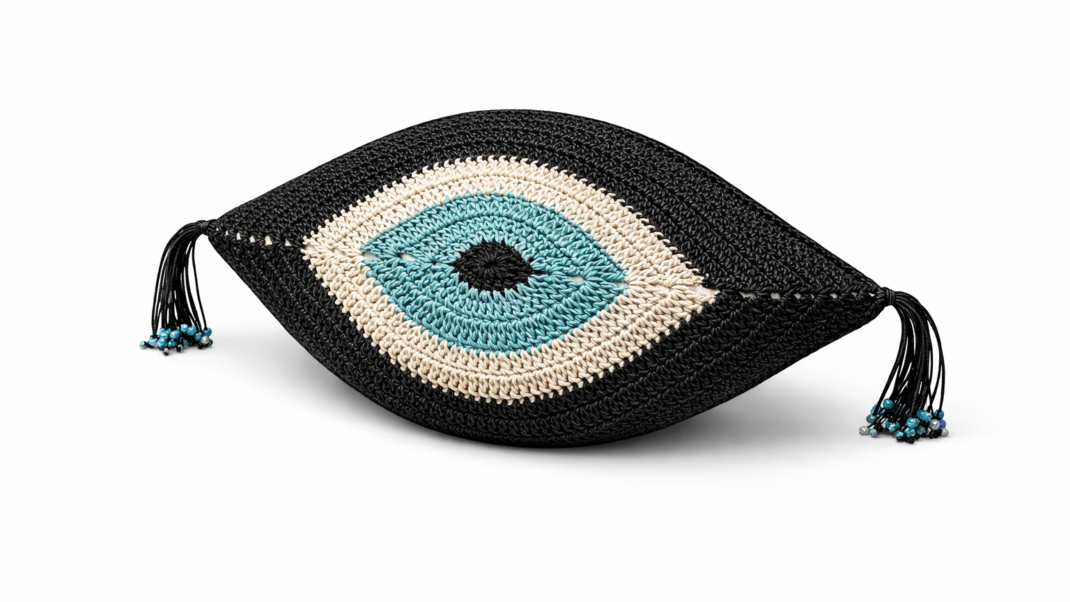 Funda de Cojín Decorativo Ojo de la Suerte - Tejido en Cuerda de Cuero en negro