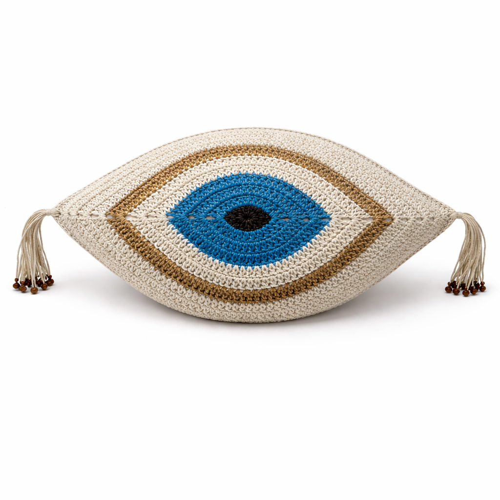 Funda de Cojín Decorativo Ojo de la Suerte - Tejido en Cuerda de Cuero