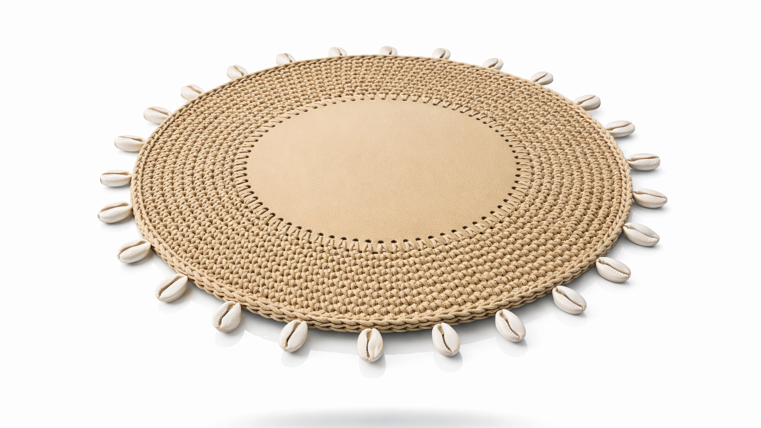 Mantel Individual Redondo con Conchas Marinas Tejido a Mano en Cuero Beige