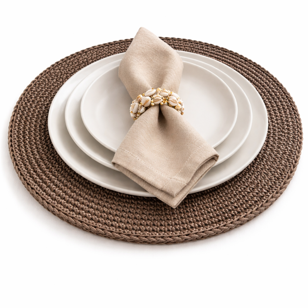 Mantel Individual  Redondo Tejido a Mano en Cuerda de Cuero Color Arena