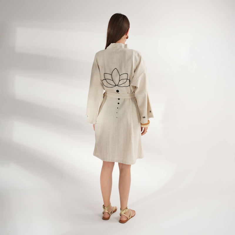 Handcrafted Luxury Kimono "Lotus" — Hand-Embroidered Turkish Peştemal, Spiritual Symbol