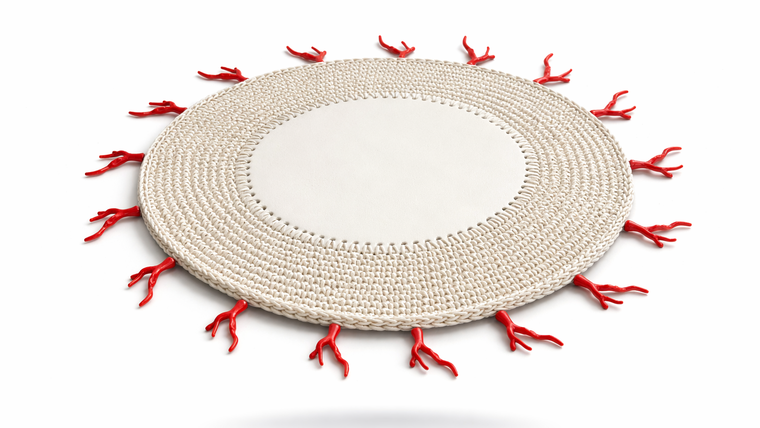 Mantel Individual  Redondo Tejido a Mano en Cuero Sintético Beige con Decoración en forma de Coral Rojo