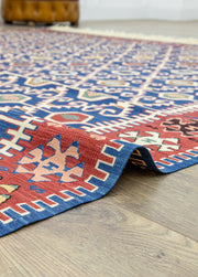 Koltan Geometric Patterned Blue Wool Kilim Artesanal Natural Wool 202x293cm – Origen Sostenible