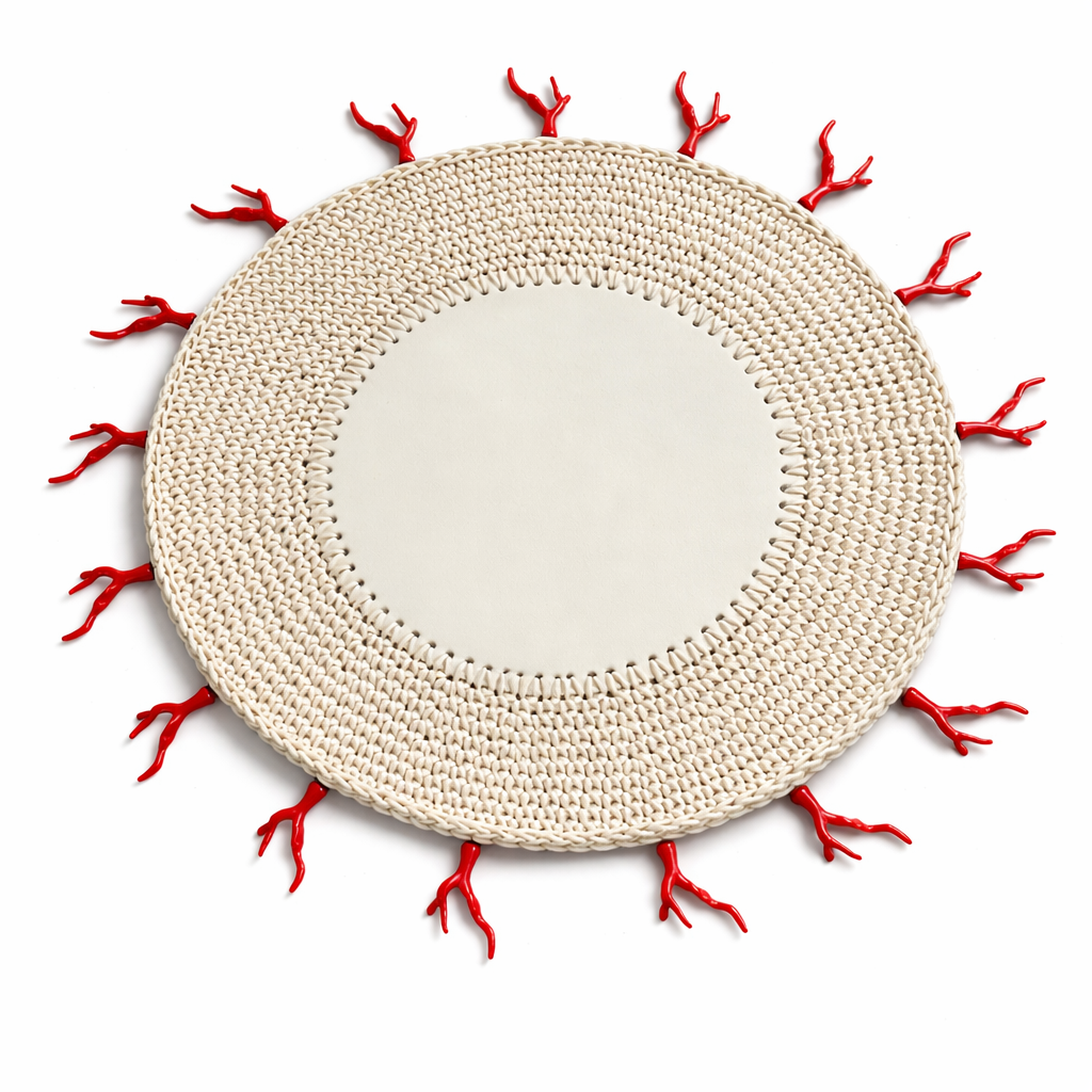 Mantel Individual  Redondo Tejido a Mano en Cuero Sintético Beige con Decoración en forma de Coral Rojo