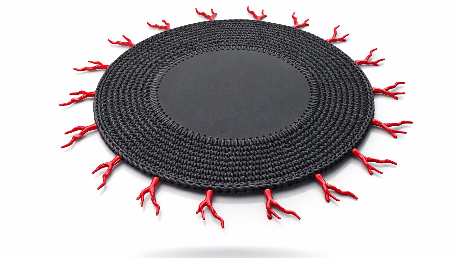 Mantel Individual Redondo Tejido a Mano en Cuero Sintético Negro con Detalle en forma de Coral Rojo