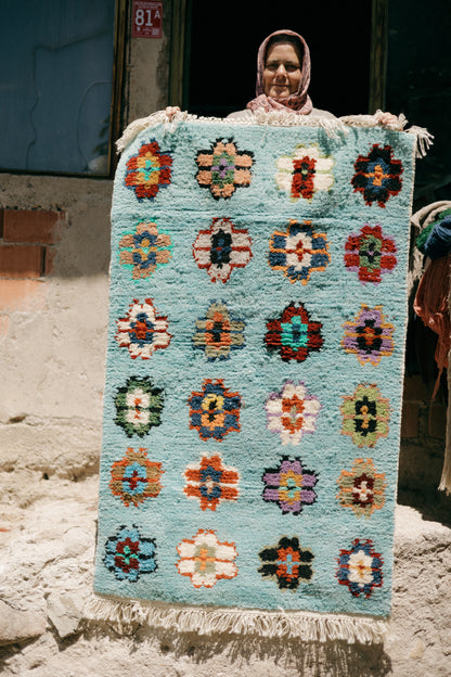 Ocean Blue Flowers Rug - Underwater Garden Woven by Anatolian Mermaids