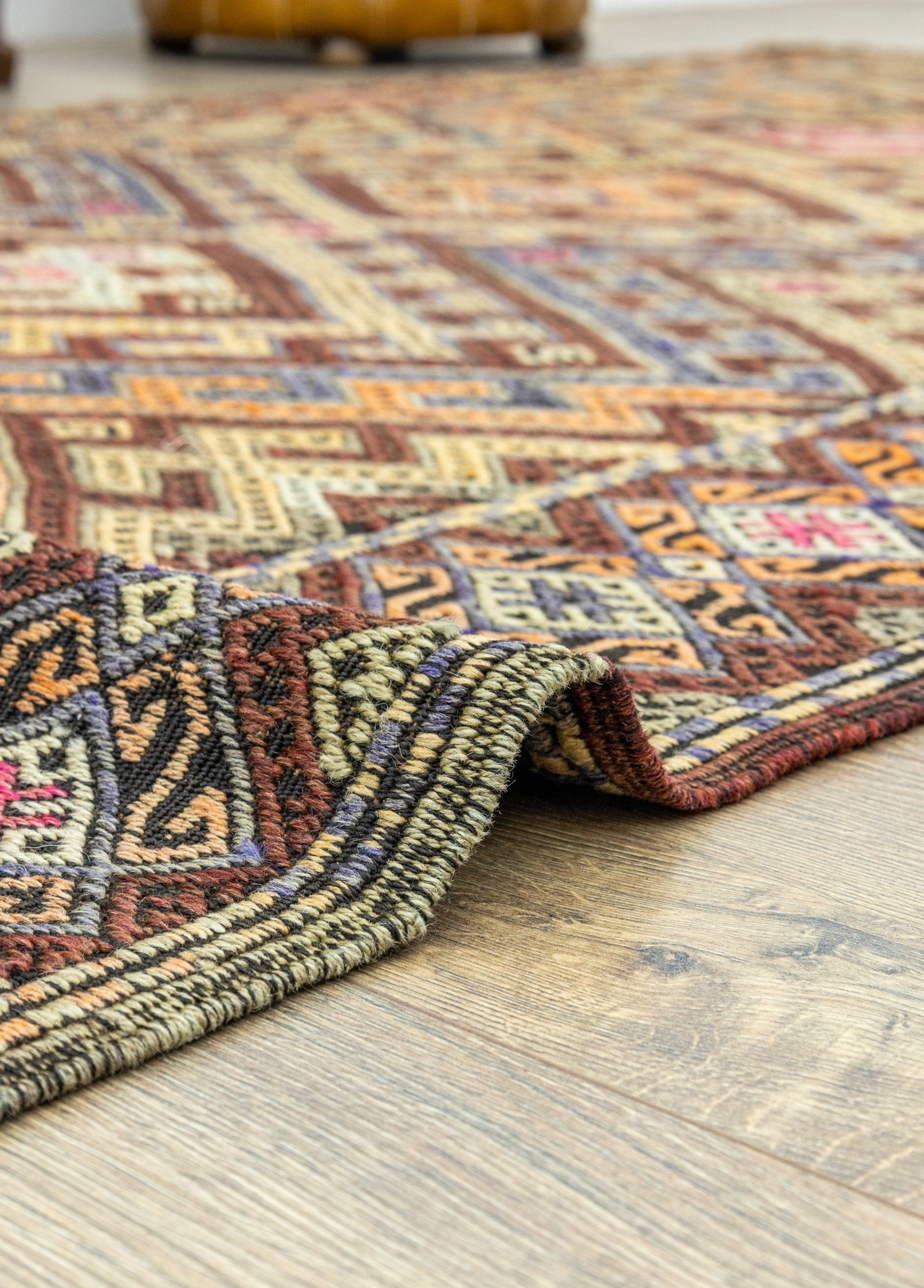 Hazra Geometric Design Cicim Kilim Artesanal Natural Wool 153x433cm – Origen Sostenible