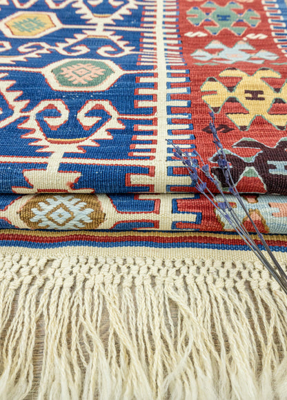 Koltan Geometric Patterned Blue Wool Kilim Artesanal Natural Wool 202x293cm – Origen Sostenible