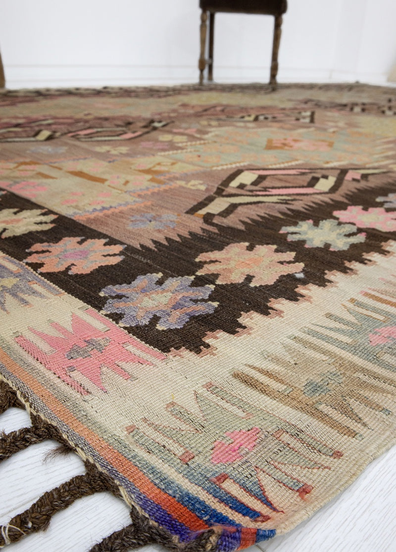 Killer Vintage Obruk Ethnic Pattern Kilim Artesanal Natural Wool 202x360cm – Origen Sostenible