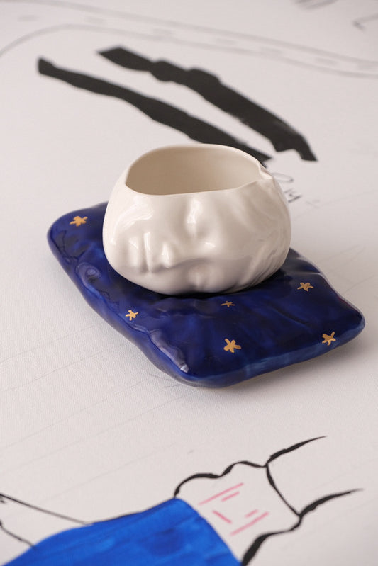 Sleeping Beauty Cup &amp; Dark Blue Pillow Porcelain Set