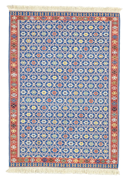 Koltan Geometric Patterned Blue Wool Kilim Artesanal Natural Wool 202x293cm – Origen Sostenible