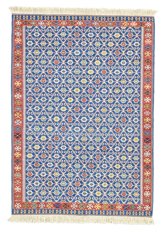 Koltan Geometric Patterned Blue Wool Kilim Artesanal Natural Wool 202x293cm – Origen Sostenible