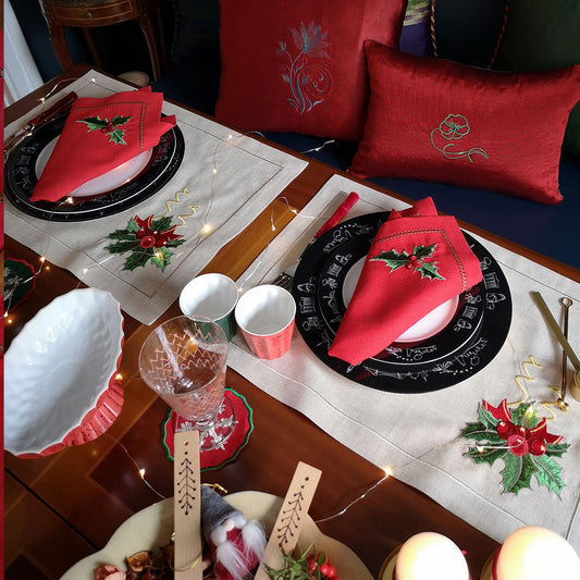 Set Navideño Premium Manteles y Servilletas - Celebración Invernal Tejida en Tradición Festiva