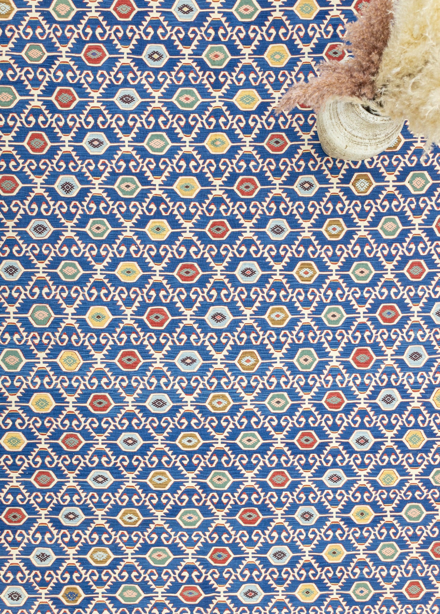 Koltan Geometric Patterned Blue Wool Kilim Artesanal Natural Wool 202x293cm – Origen Sostenible