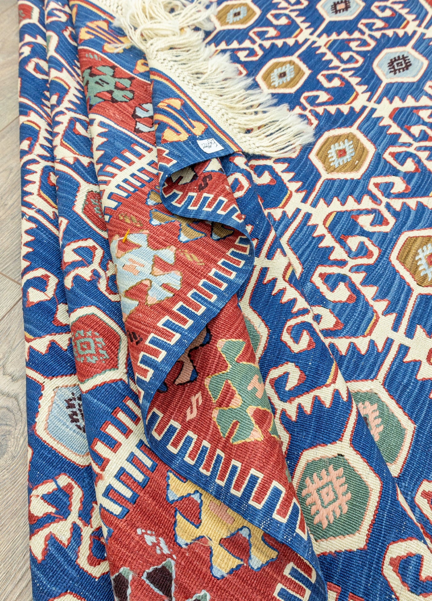 Koltan Geometric Patterned Blue Wool Kilim Artesanal Natural Wool 202x293cm – Origen Sostenible