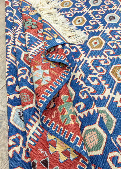 Koltan Geometric Patterned Blue Wool Kilim Artesanal Natural Wool 202x293cm – Origen Sostenible