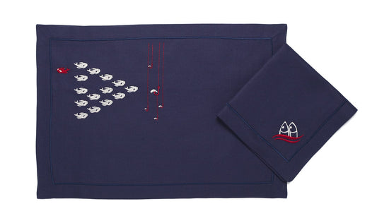 Navy Blue Linen Placemat "Runaway Fish" - Marine Embroidery