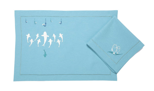 Turquoise Linen Placemat "What's on the Menu?" - Gastronomic Embroidery