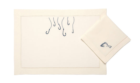 Cream Linen Placemat "Marine Patterns" - Organic Embroidery