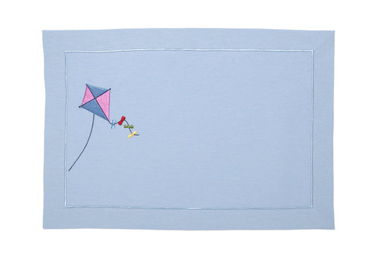 Light Blue Linen Placemat "Flying Kite" - Playful Embroidery