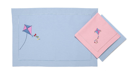 Light Blue Linen Placemat "Flying Kite" - Playful Embroidery