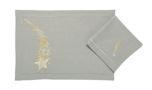 Light Grey Linen Placemat "Shooting Star" - Star Embroidery