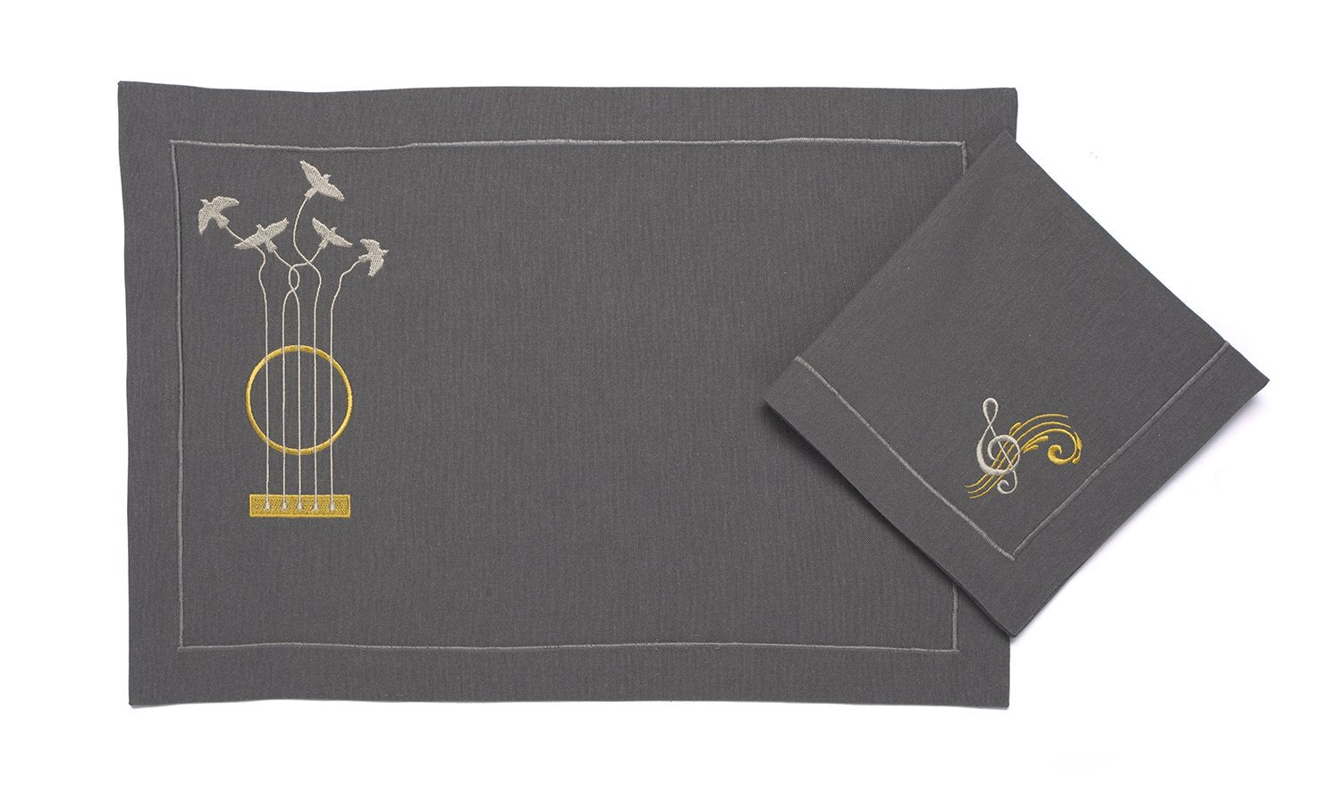 Mantel Individual "Canción de Pájaros" Gris Oscuro - Sinfonía Natural Bordada en Elegancia Matutina
