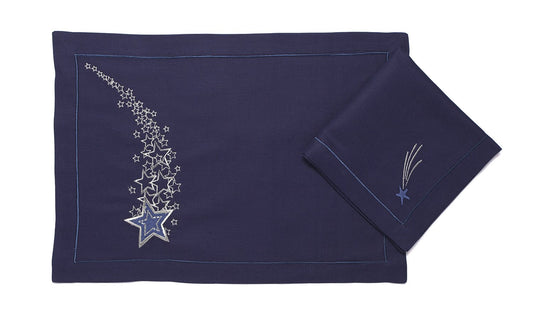 Navy Blue Linen Placemat "Shooting Star" - Celestial Embroidery